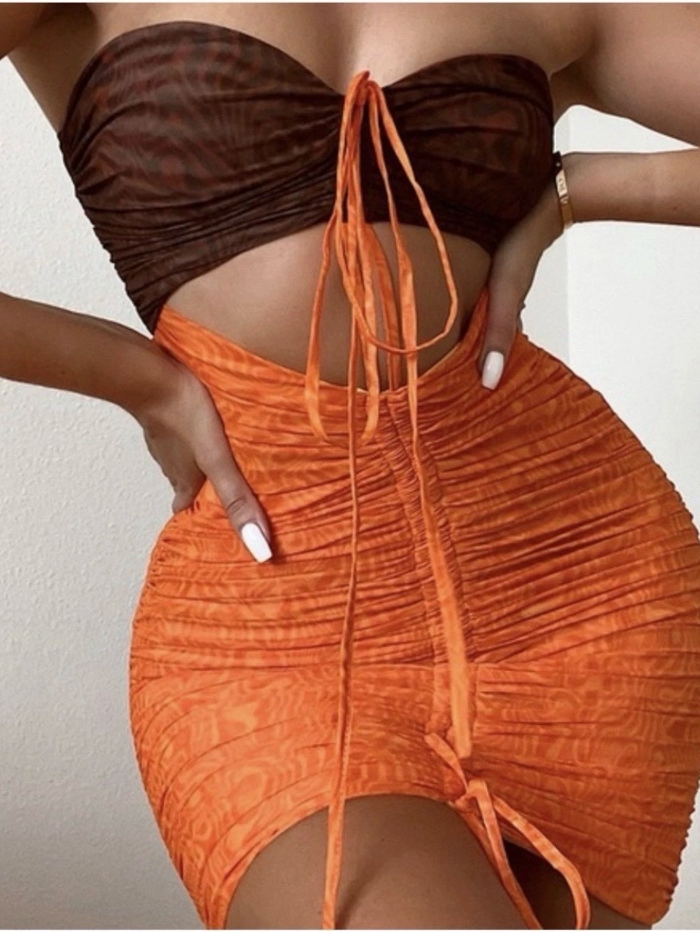 Orange Ruched Mini Dress with Cutout